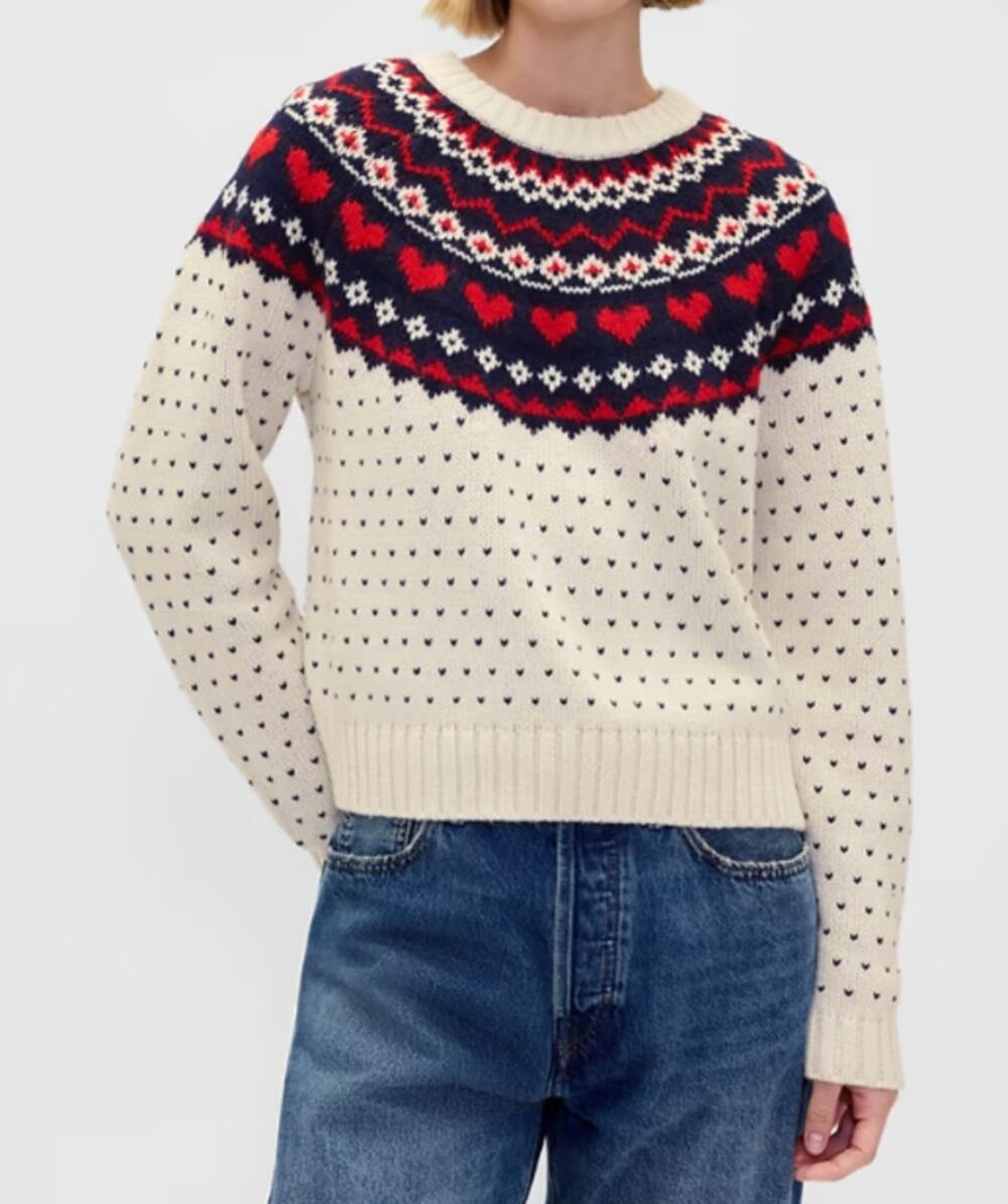 Gap Fair Isle Sweater Cotton Wool Blend Raglan Medium Petite Hearts Knit NWT